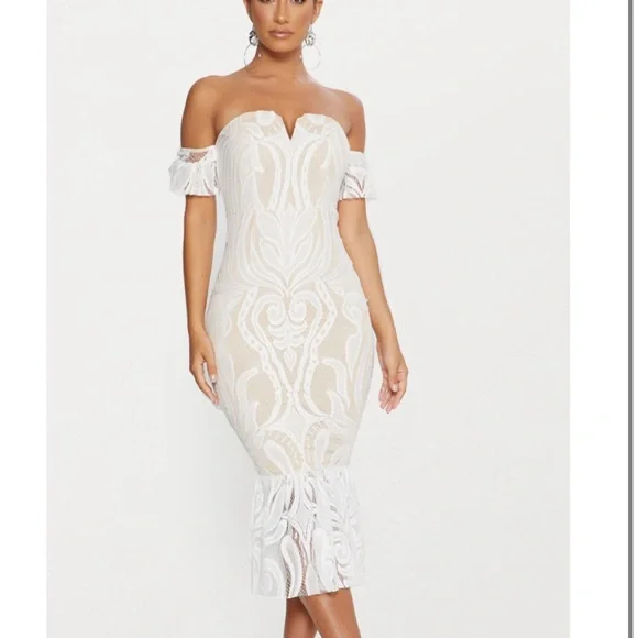 PrettyLittleThing | Dresses | White Bardot Lace Trim Frill Hem Midi Dress |  Poshmark